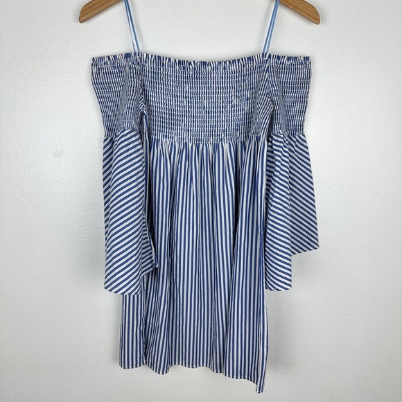SOLD Zara babydoll Mini Dress flare bell sleeves Striped Off Shoulder Smocked XS - Picture 7 of 9